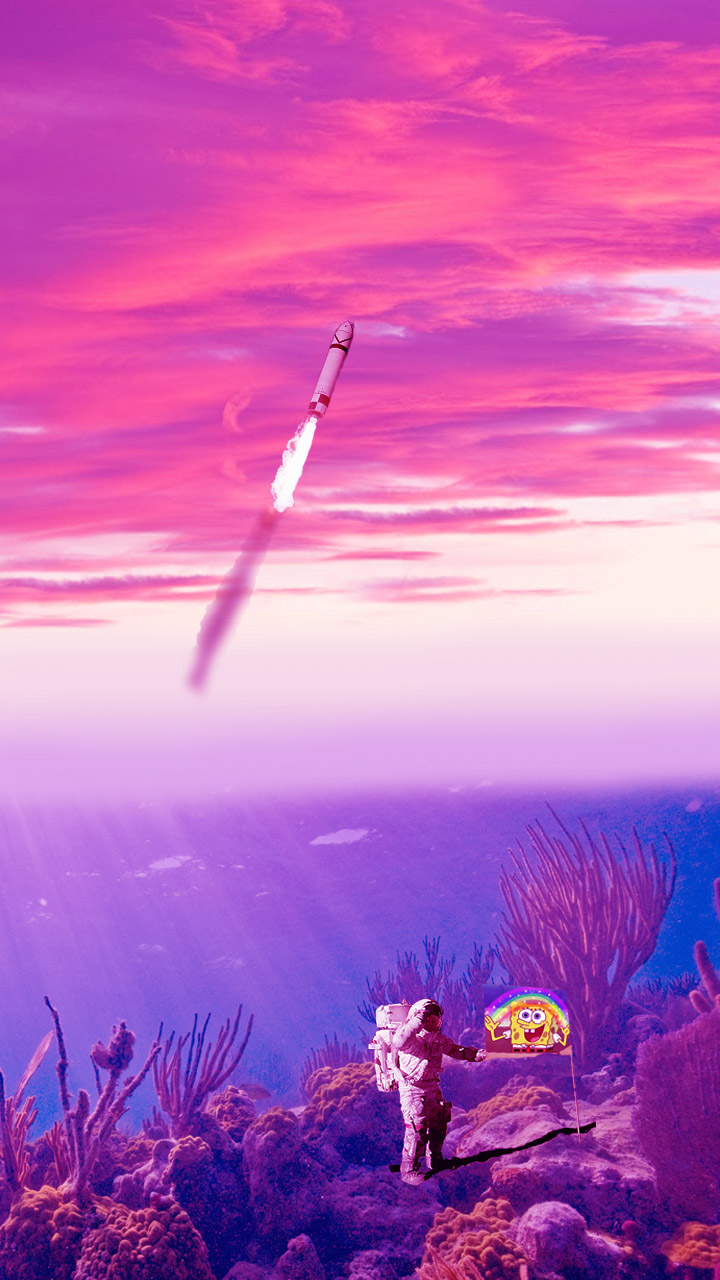 A rocket leaving a colorful land with a spaceman putting down a flag with Spongebob on it.