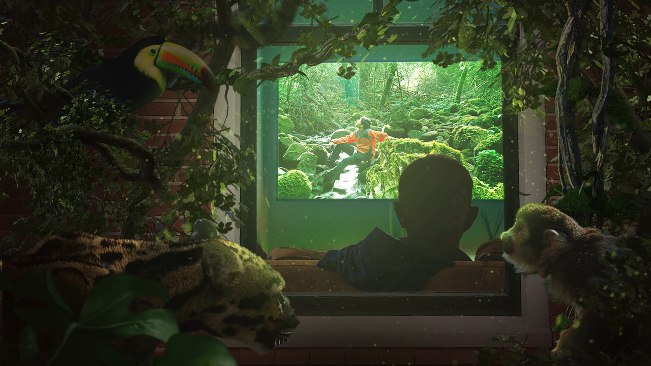 A man watching a documentary inside his home while wildlife and plants lurk on the outside of his window. 