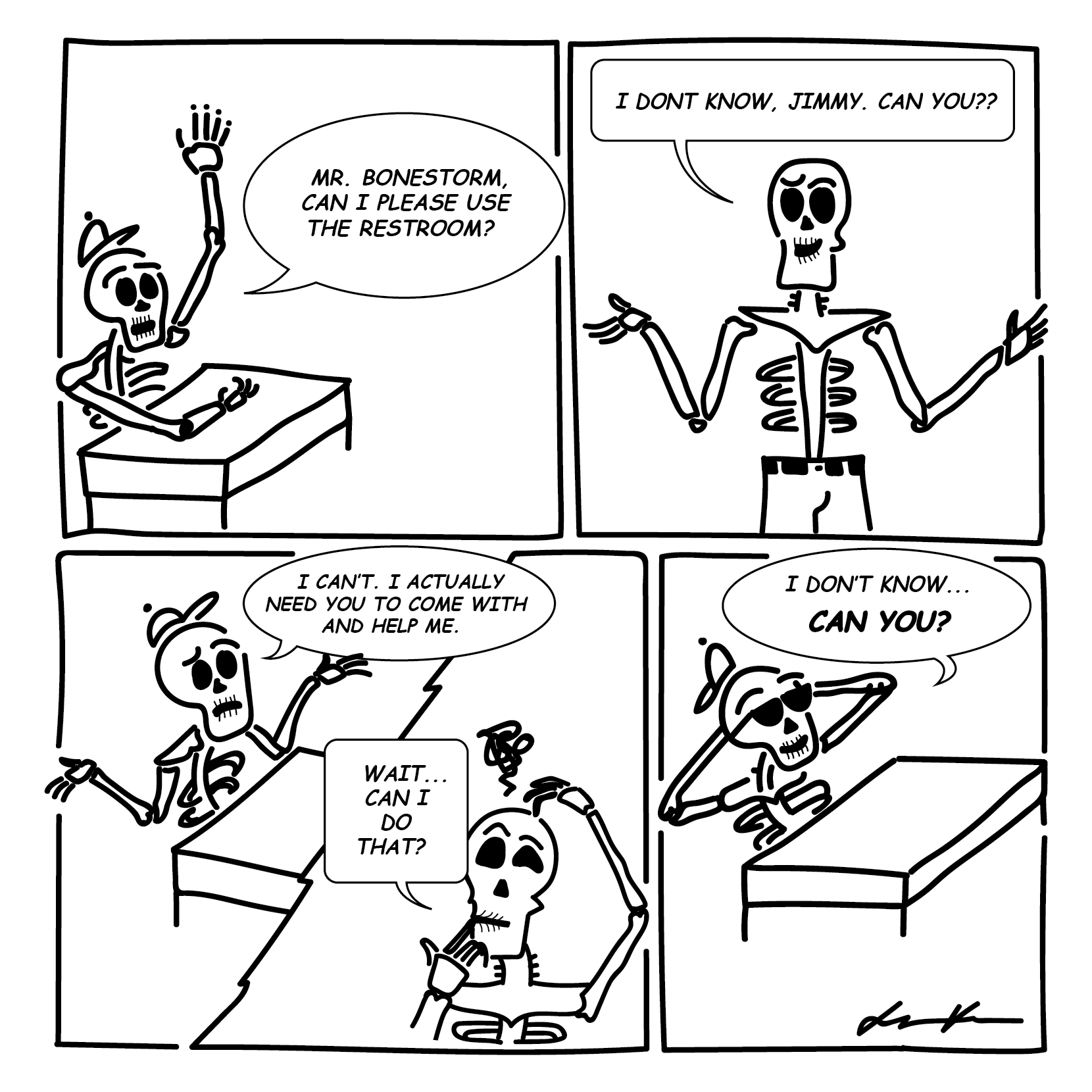 A class clown and a teacher as skeletons. 
